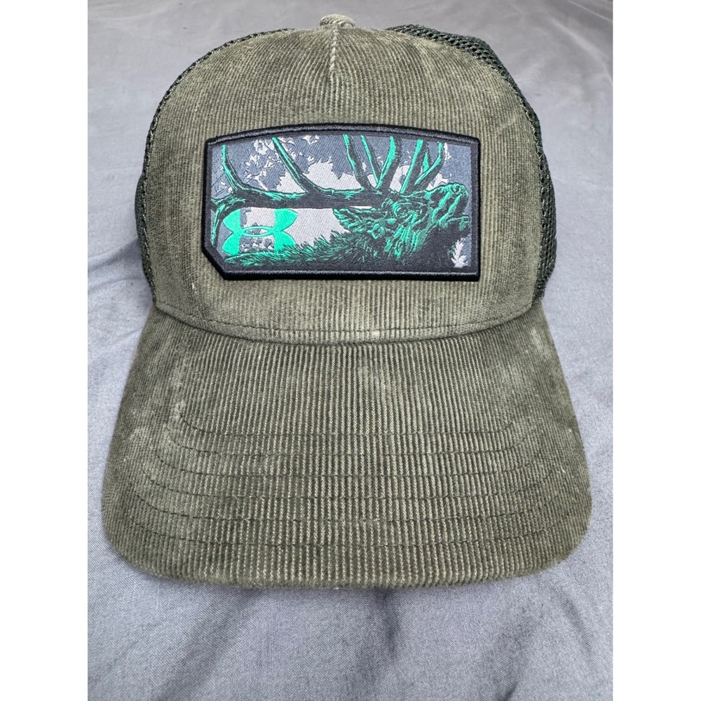 Under Armour Mens Corduroy Trucker Hat Olive Green Elk Antler Snapback Cap